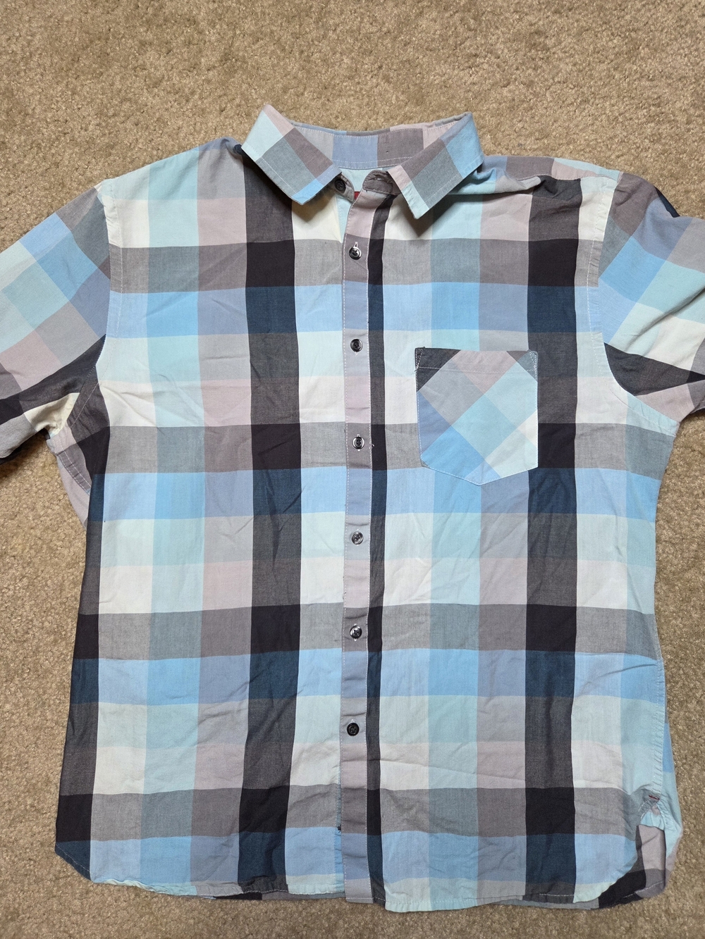 Alfani Slim Fit Plaid Button Up Mens Large Blue Gray Short Sleeve Shirt